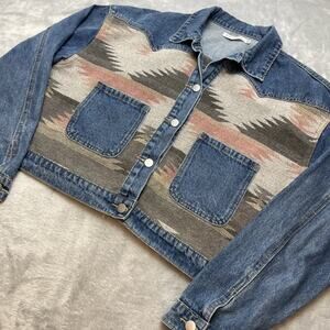 Miss Sparkling‎ Southwestern Denim Jacket Womens XL Aztec Crop Snap Chore Barn